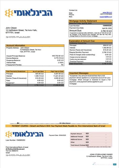Israel First International Bank of Israel mortgage statement Word and PDF template